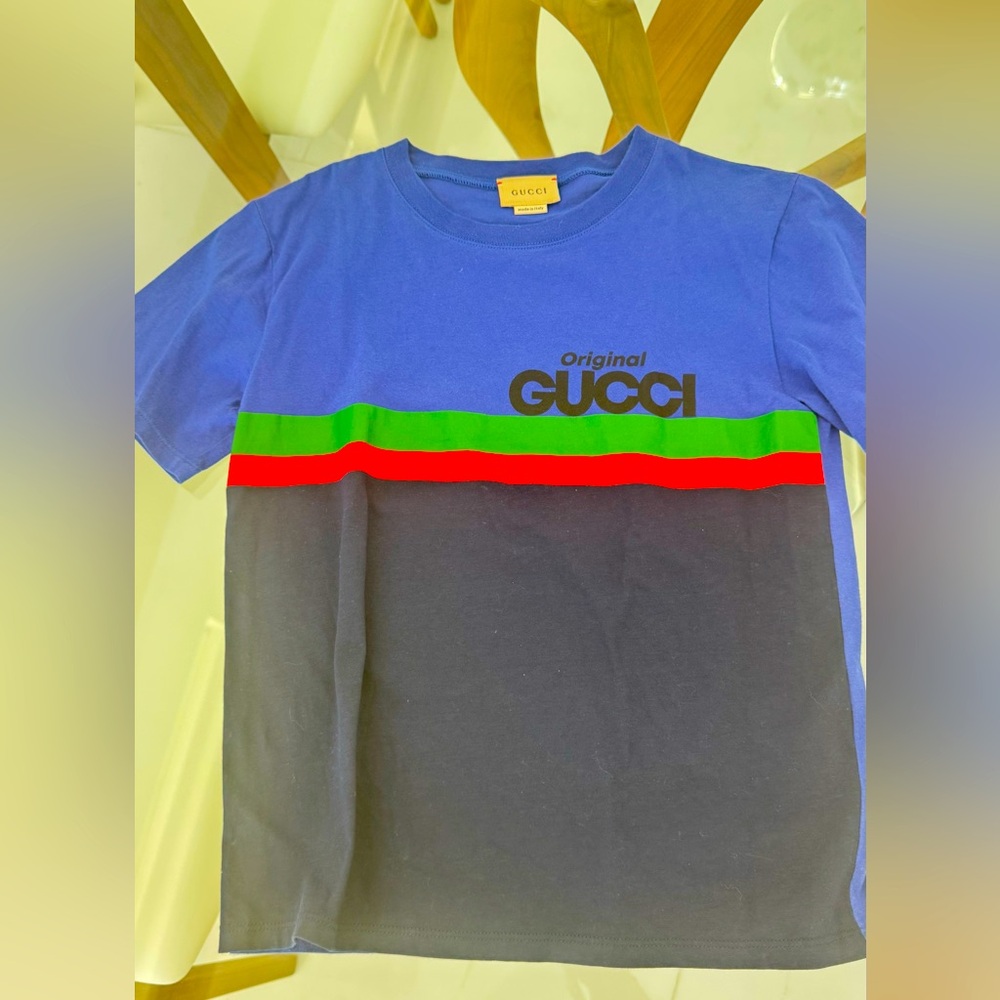 Gucci Blue and Gray Short Sleeve Tee with Signature Stripe